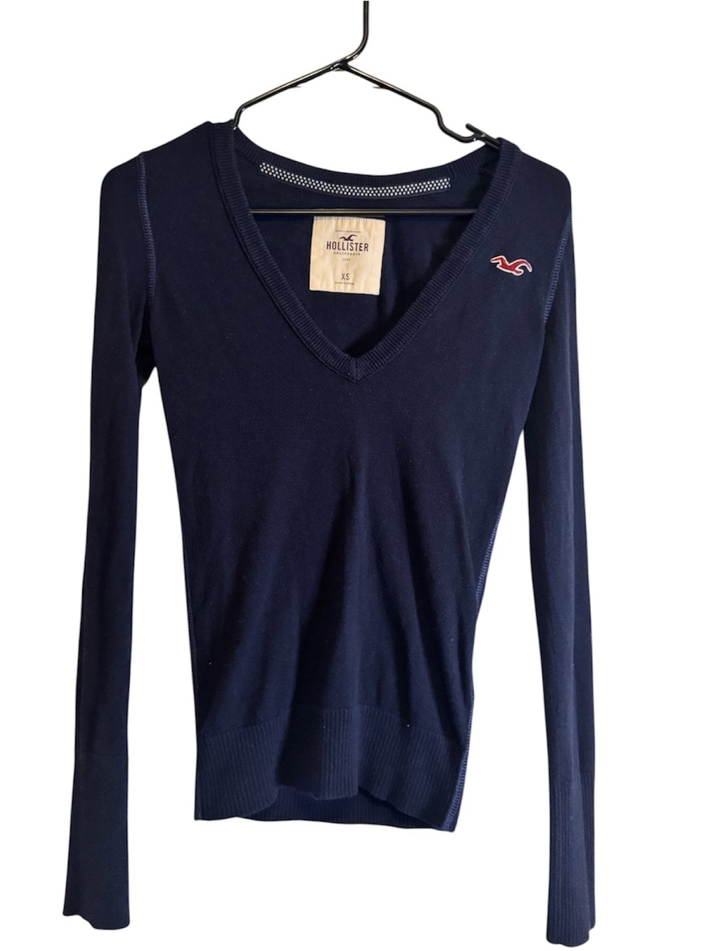 Hollister Navy V-Neck Long Sleeve Top with Pink Logo